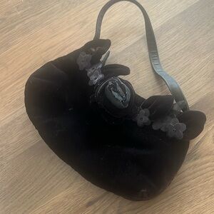 Indeed Black Velvet like Material Purse With Flower Accents